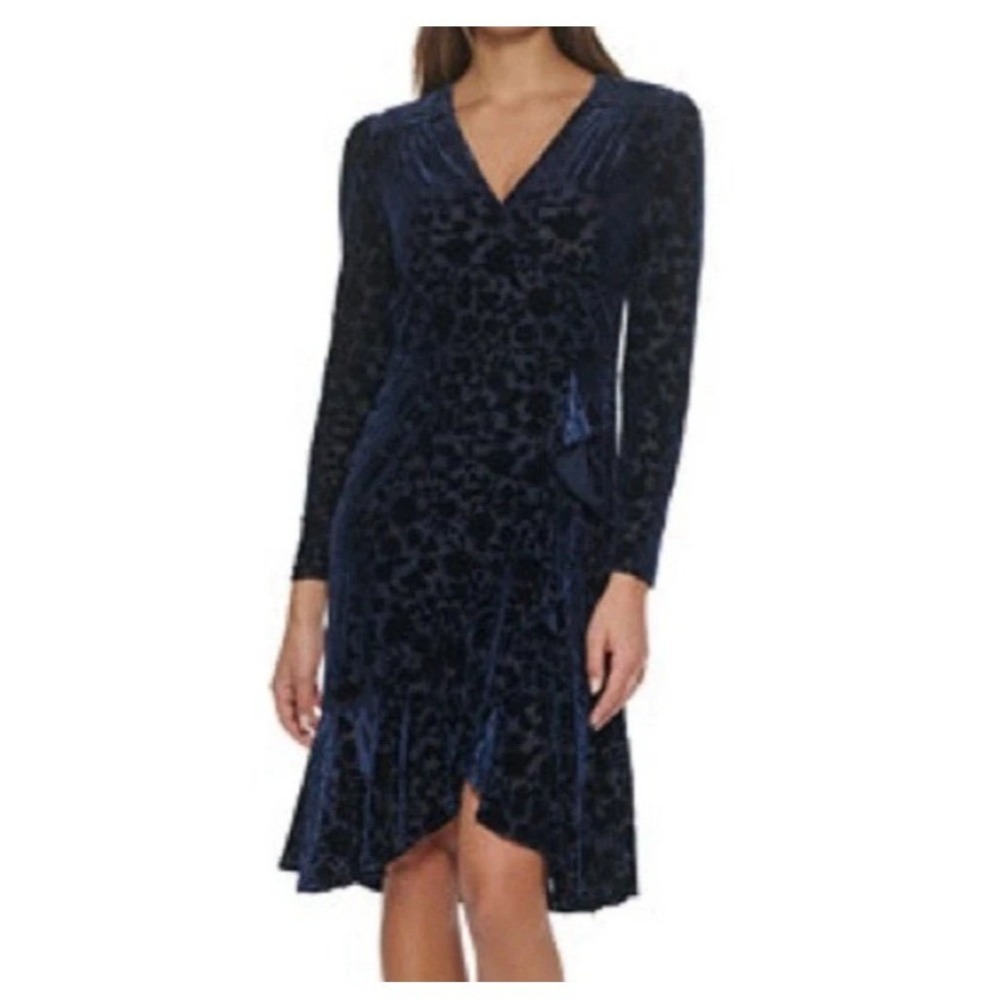 Tommy‎ Hilfiger Velvet Burnout Faux Wrap Ruffle Dress Sz 4 Navy Blue Whimsy Goth